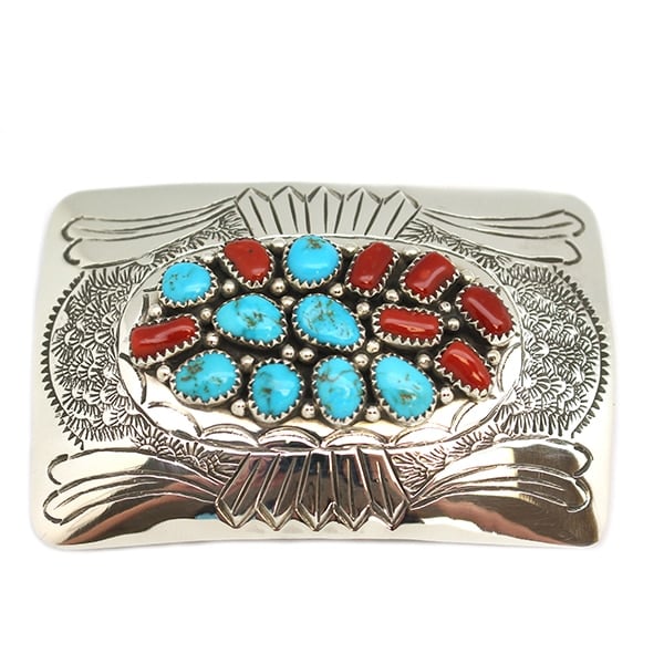 Turquoise & Coral Belt Buckle
