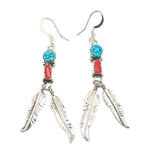 Turquoise and Coral Feathers Earrings