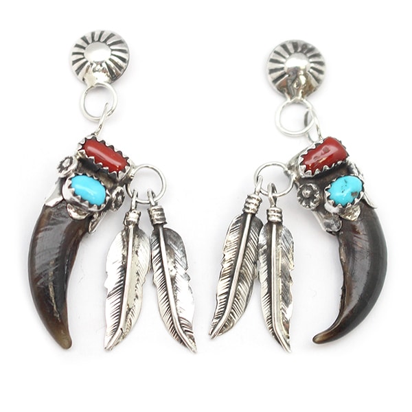 Turquoise & Coral Coyote Claw Earring
