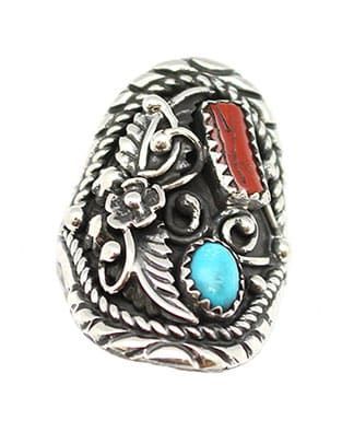 Turquoise & Coral Saddle Ring (click for sizes available)