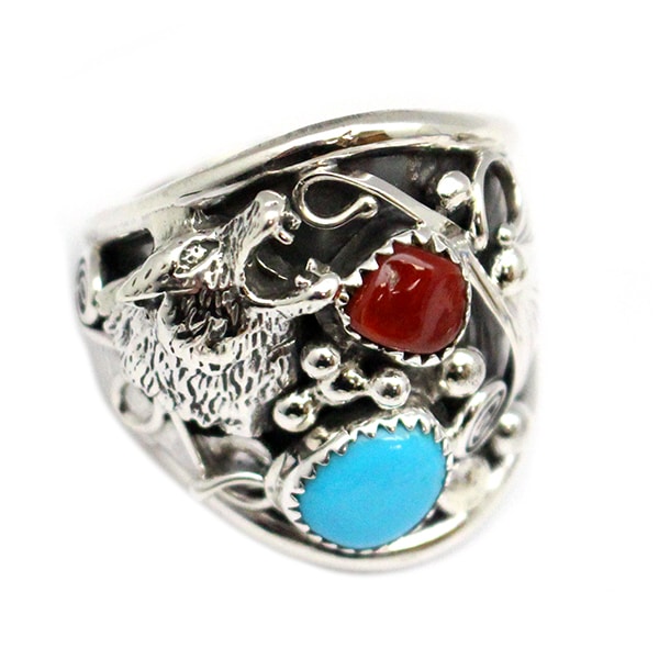 Turquoise & Coral Wolf Men's Ring