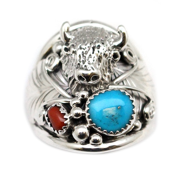 Turquoise & Coral Buffalo Men's Ring