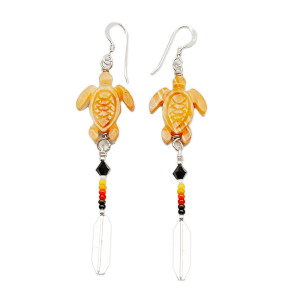 Carved Turtle and Beaded Feather Earring