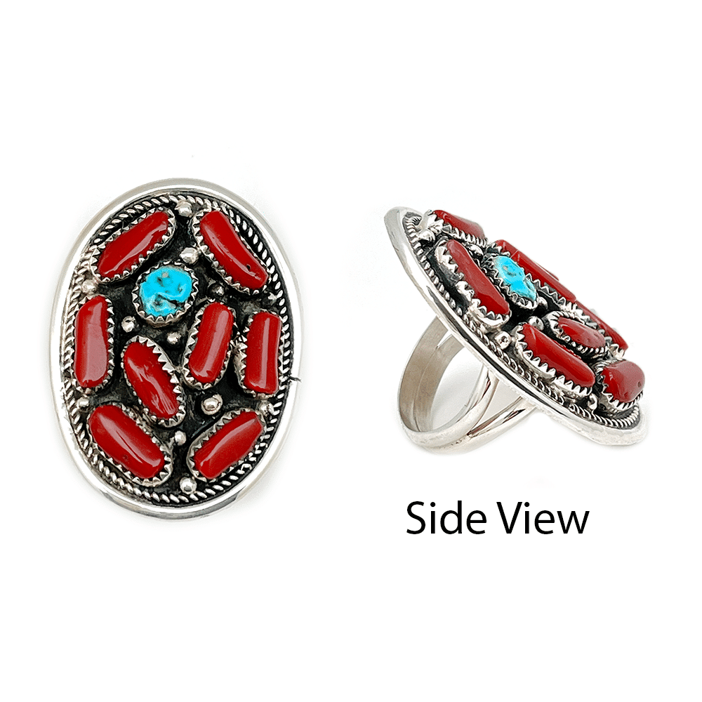 Coral and Turquoise Cluster Ring