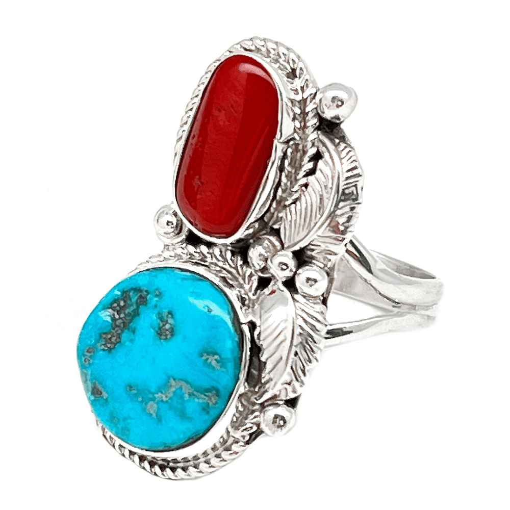 Turquoise, Coral and Leaf Women's Ring