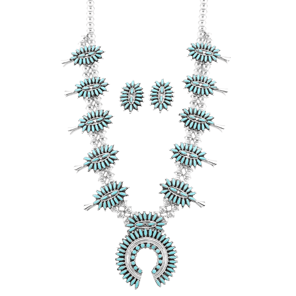 Turquoise Needlepoint Squash Blossom and Earring Set
