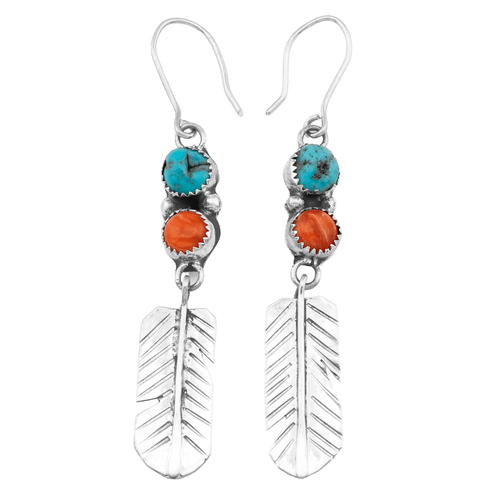 Turquoise and Spiny Oyster Feather Earrings