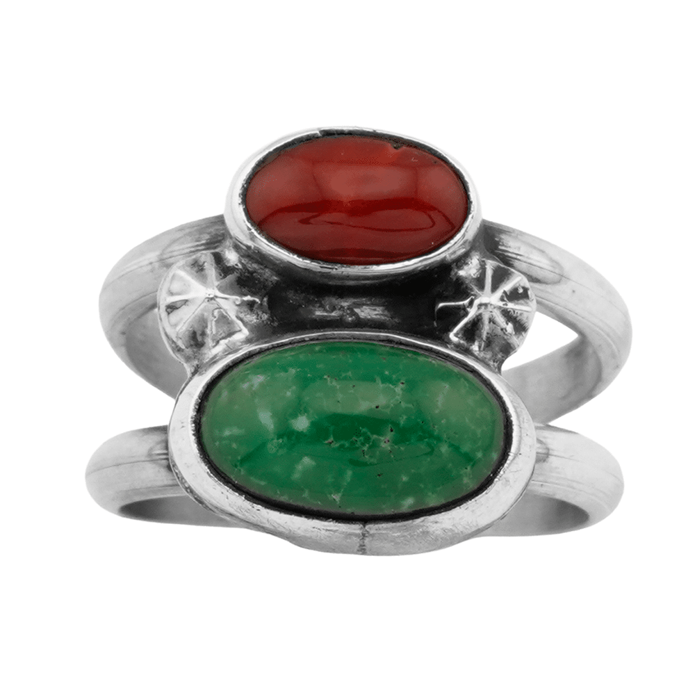 Red Coral And Dark Green Variscite Ladies Ring