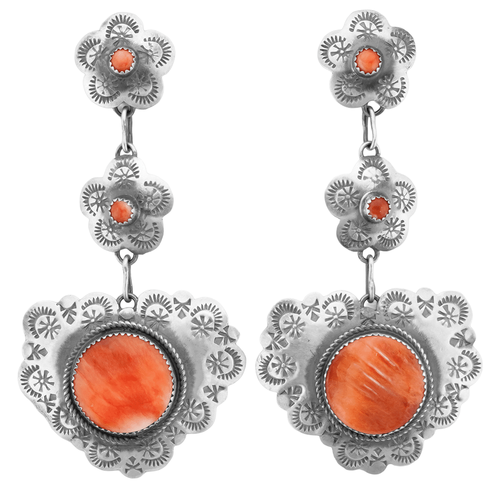 Long Stamped Flower & Heart Earring